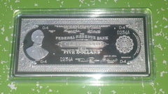 4 OZ $5 LINCOLN FEDERAL RESERVE BANKNOTE SILVER PLATED BAR