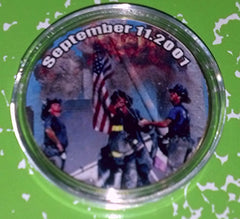 9/11 FIREFIGHTERS RAISING FLAG #246 COLORIZED GOLD PLATED ART ROUND