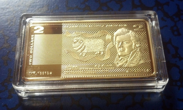 $2 AUSTRALIA CURRENCY GOLD PLATED COPPER ART BAR - 1