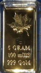 CANADIAN MAPLE LEAF 5 GRAM REPLICA GLD BAR