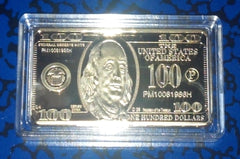 USA $100 FRANKLIN INDEPENDENCE HALL GOLD PLATED ART BAR