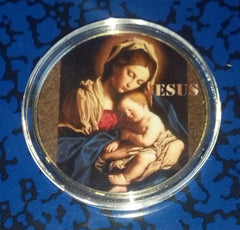 MARY AND BABY JESUS #H176 COLORIZED GOLD PLATED ART ROUND