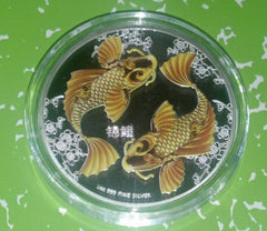 NIUE ISLAND KOI COLORIZED SILVER PLATED ART ROUND