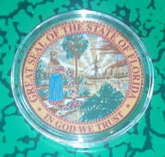FLORIDA STATE SEAL #BXB285 COLORIZED GOLD PLATED ART ROUND