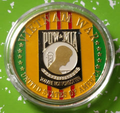VIETNAM POW MIA NEVER FORGET #1060 COLORIZED GOLD PLATED ART ROUND