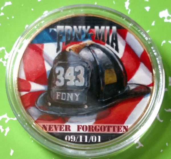 9/11 FDNY MIA NEVER FORGOTTEN #240 COLORIZED GOLD PLATED ART ROUND - 1