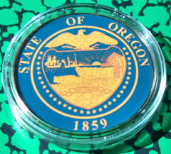 OREGON STATE SEAL #BXB359 COLORIZED GOLD PLATED ART ROUND