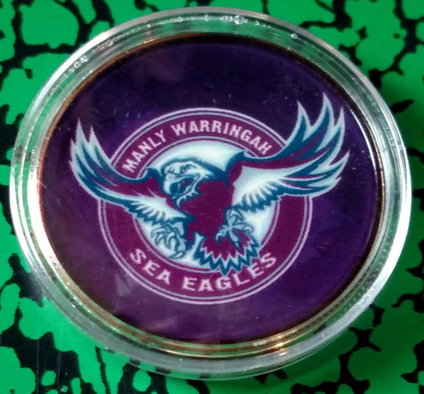 MANLY WARRINGAH SEA EAGLES FOOTBALL #BXB166 COLORIZED GOLD/BRASS ART ROUND - 1