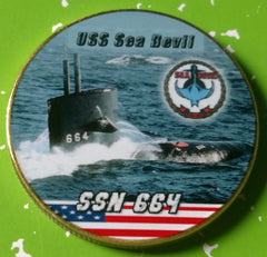 NAVY USS SEA DEVIL SUBMARINE SSN-664 #102 COLORIZED ART ROUND