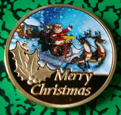 MERRY CHRISTMAS SANTA SLEIGH COLORIZED GLD ART ROUND - NOT MINT ISSUED