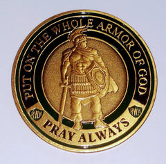 ARMOR OF GOD PRAY ALWAYS RELIGIOUS 45mm ANTIQUED GLD CHALLENGE COLORIZED ART ROUND