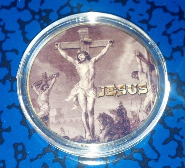 JESUS CROSS #975 COLORIZED GOLD PLATED ART ROUND - 1