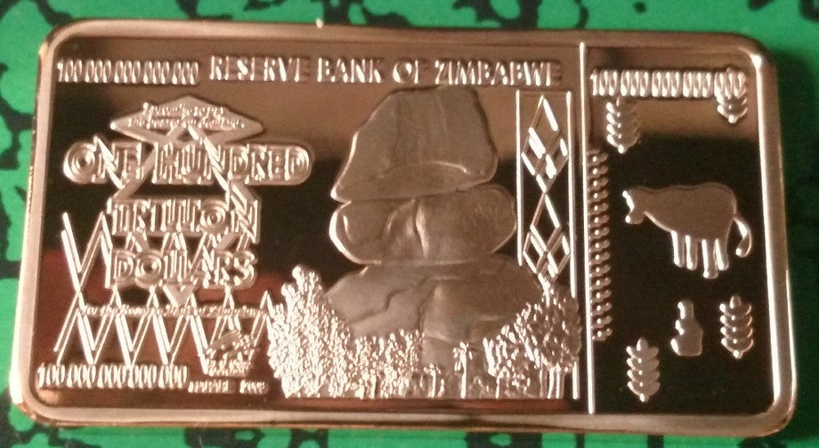 Zimbabwe $100 Trillion Gold/Brass Art Bar